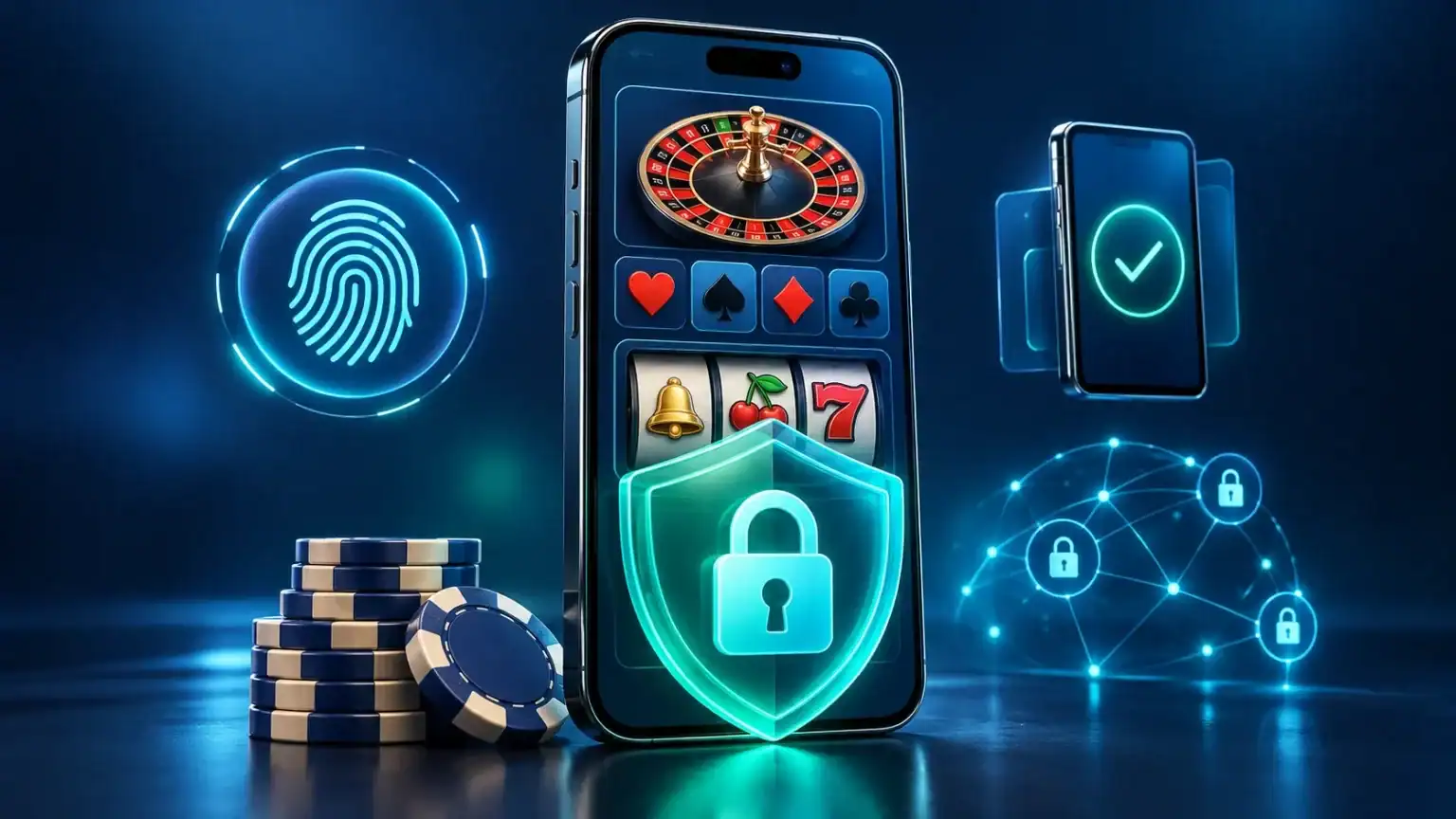 Best Casino Apps Now Require These Essential Security Features Smartphone displaying casino games behind a glowing security shield, surrounded by fingerprint, authentication, and encryption icons.