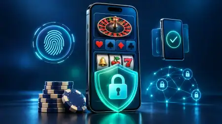 Smartphone displaying casino games behind a glowing security shield, surrounded by fingerprint, authentication, and encryption icons.