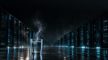 How Much Water Does ChatGPT Use? Inside The AI Revolution’s Growing Thirst AI data center cooling infrastructure representing the water consumption associated with ChatGPT and generative AI