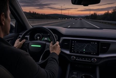 A person drives a car on a highway at dusk, dashboard displays speed and navigation screen shows a map.