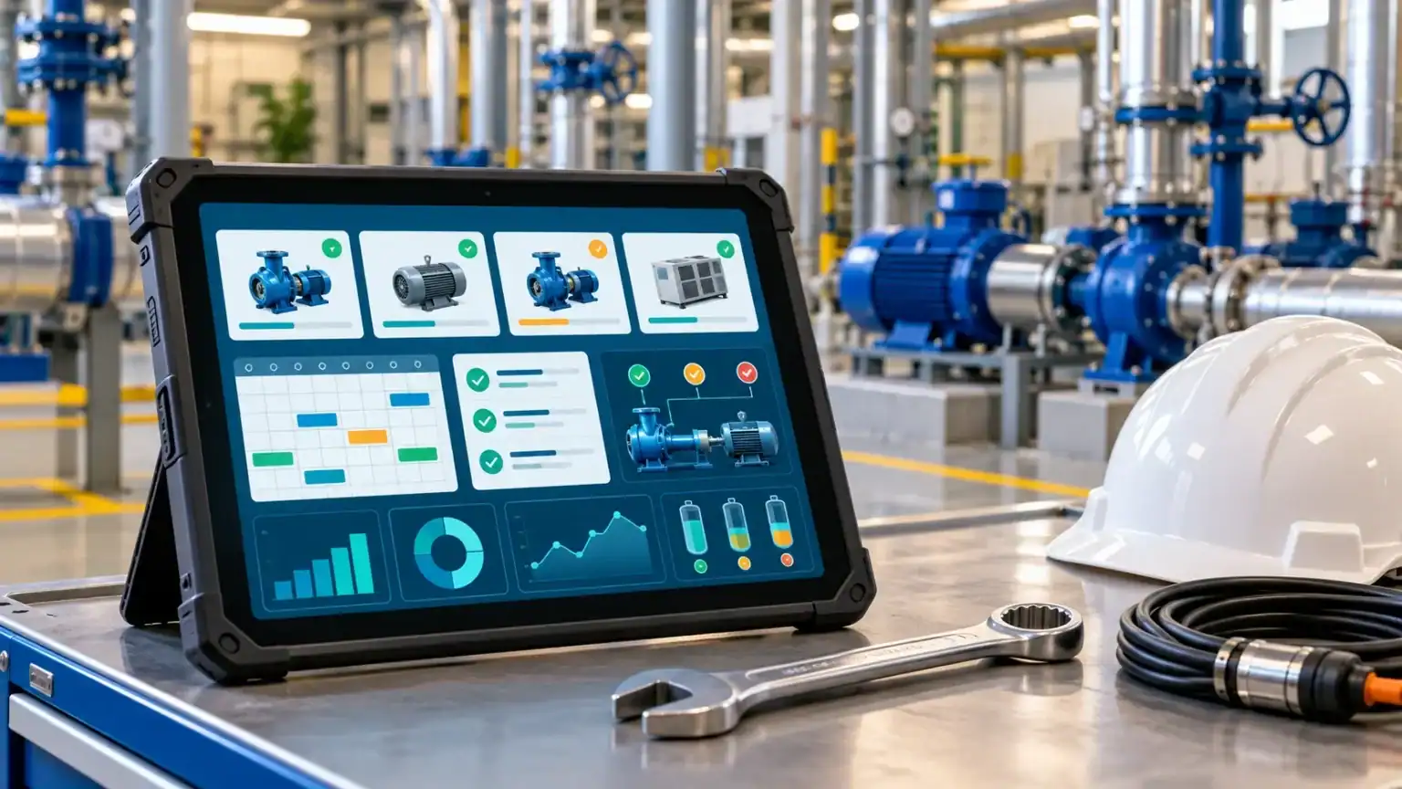 Tablet displaying a maintenance dashboard beside a wrench and hard hat, with industrial pumps and piping in the background.