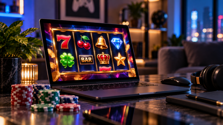 Online slot game interface showing reels, paylines, betting controls, and bonus features