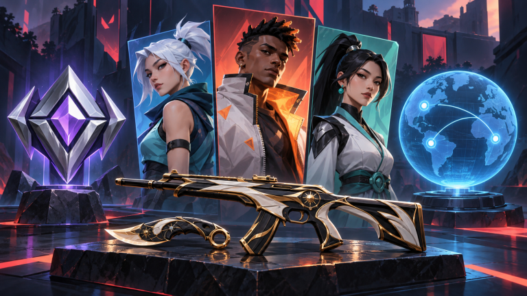 What To Consider Before Choosing A VALORANT Account: Rank, Agents, Skins, And Region VALORANT agents alongside a rank emblem, weapon skins, and a globe representing server regions.
