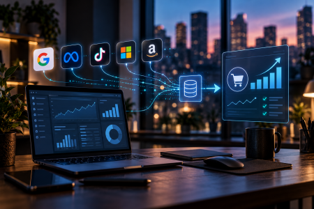 Digital advertising technology stack connecting analytics, conversion tracking, attribution, and marketing data systems