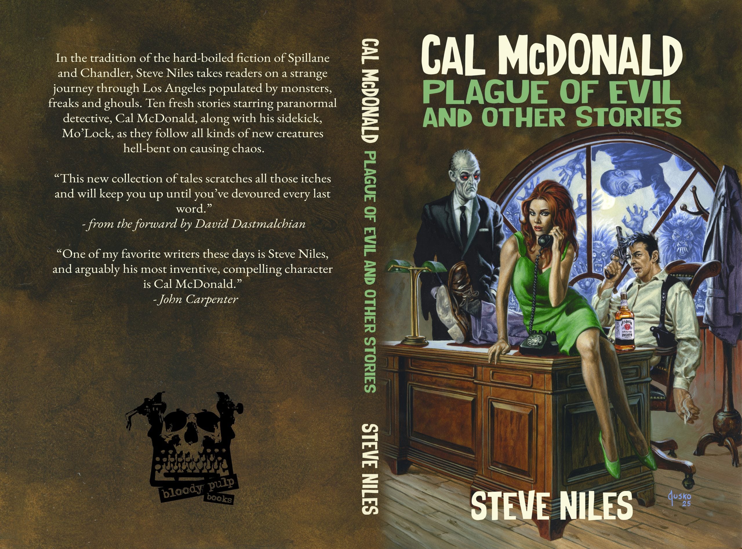 A comic book cover shows a woman in a green dress sitting on a desk, a man with a gun, and a zombie. Title: “Cal McDonald: Plague of Evil and Other Stories” by Steve Niles.
