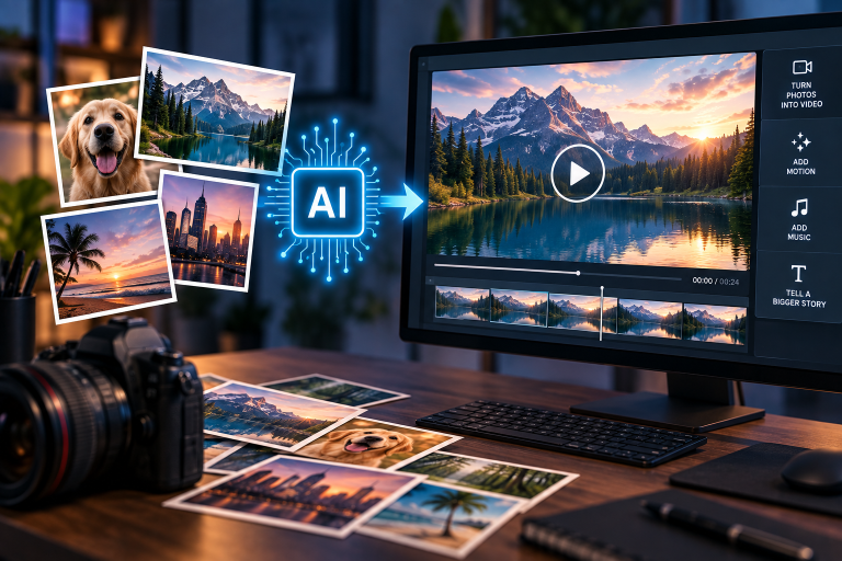 Still photograph transforming into an animated cinematic scene using photo-to-video AI