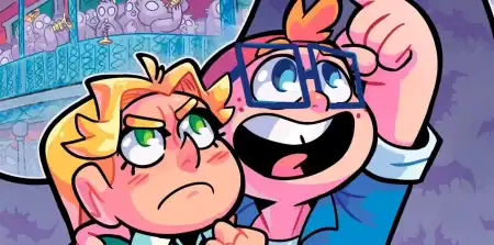 Two animated characters, one smiling and pointing while the other looks serious, stand together with a crowd of cartoon figures in the background.
