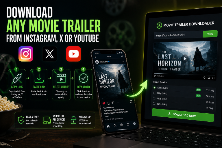 Movie trailer playing across YouTube Instagram and X with video download controls