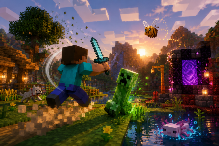 Minecraft Bedrock gameplay demonstrating enhanced character and movement animations