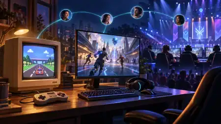 The Evolution of Online Gaming: How Technology Is Transforming The Way Players Connect And Compete Classic gaming equipment transitions into a modern multiplayer setup and esports arena, with connected player portraits overhead.