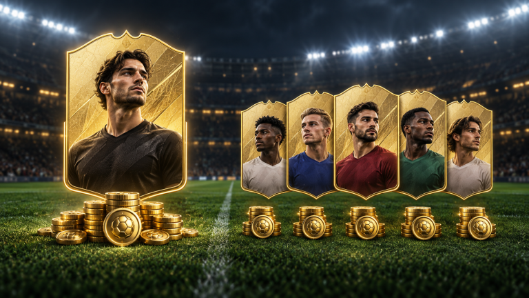 One 500K Player or Five 100K Upgrades: What Is Better In FC 27 Ultimate Team? One premium football player card compared with five squad upgrade cards, with gold coin stacks beneath each option.