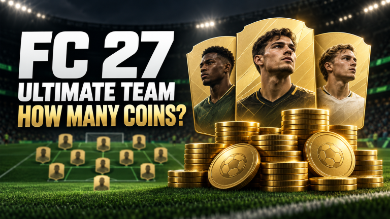 FC 27 Ultimate Team squad screen showing player positions and an available coin balance