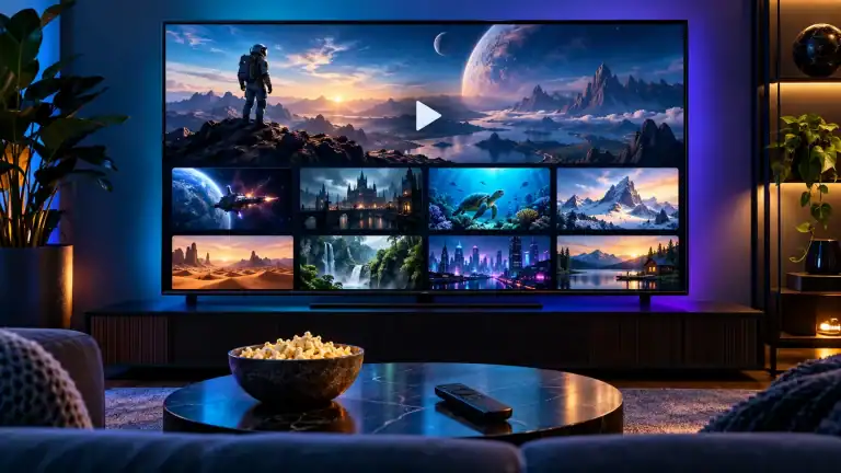 Television displaying an illustrated streaming menu in a softly lit living room, with popcorn and a remote on the coffee table.