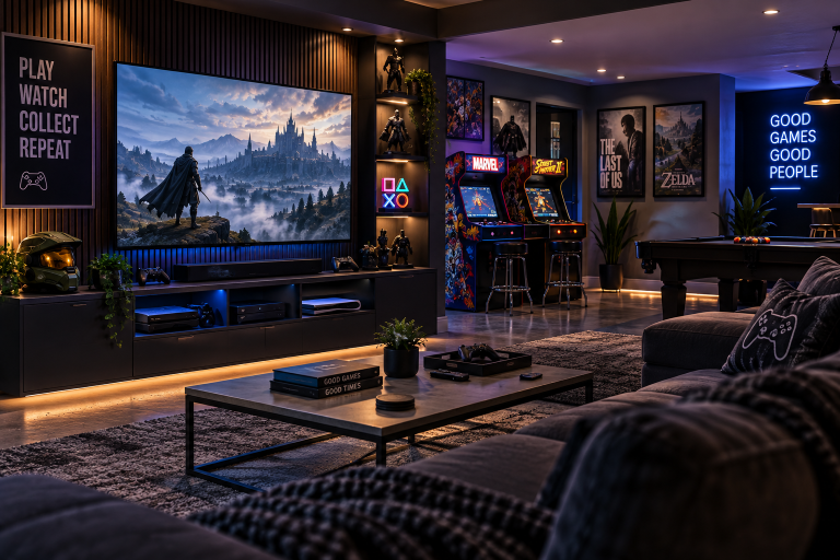Game Room Ideas For A Fun And Functional Home Modern home game room with comfortable seating, gaming setup, storage, and entertainment space