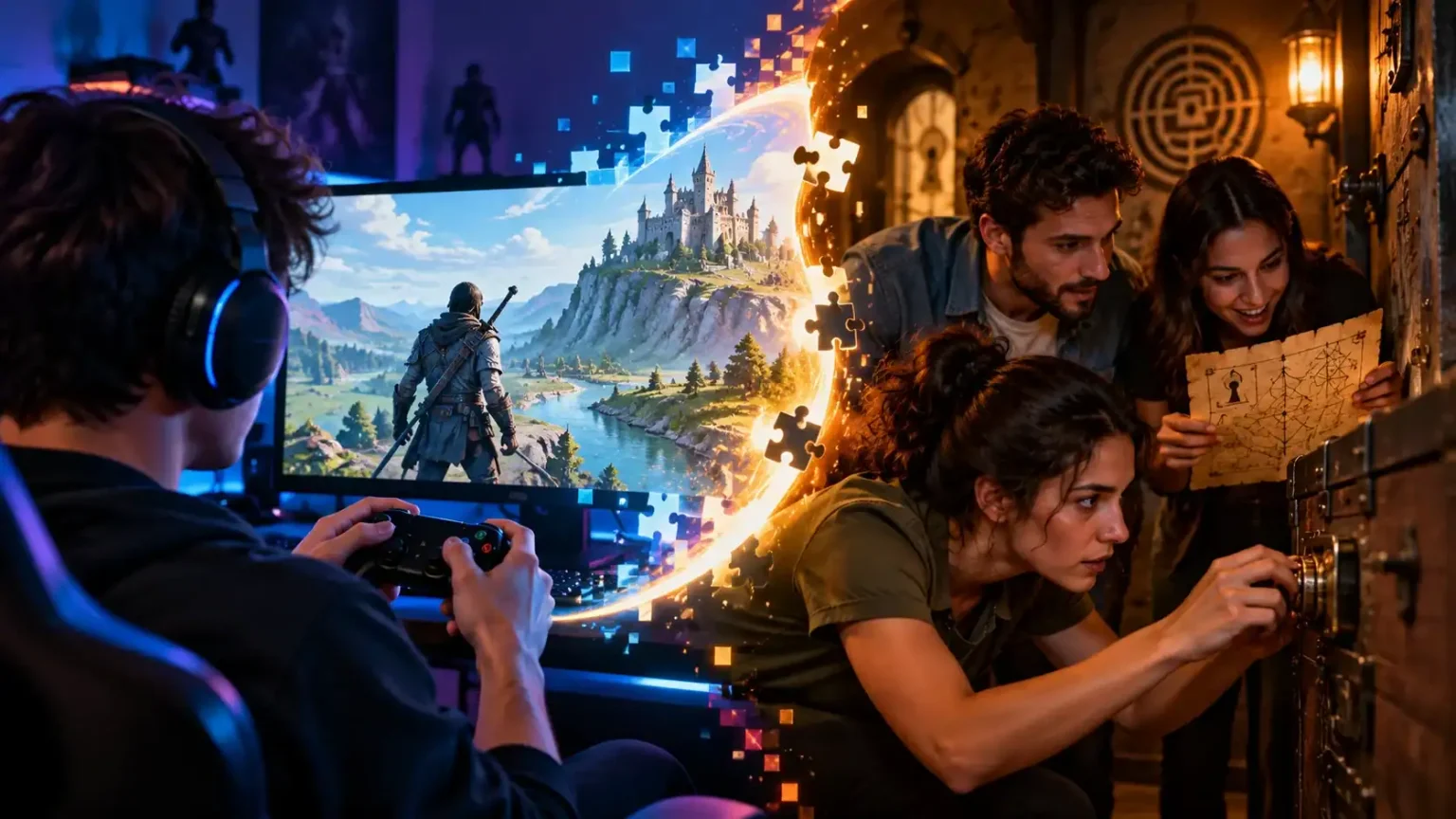 Gamers solving puzzles inside a real-world escape room