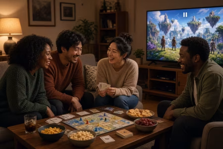 Friends around a living-room table with cards, snacks, and a paused co-op game on the TV