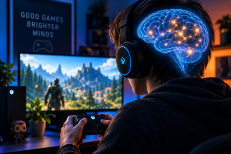 Gamer playing a video game with imagery representing brain activity, cognition, and psychology