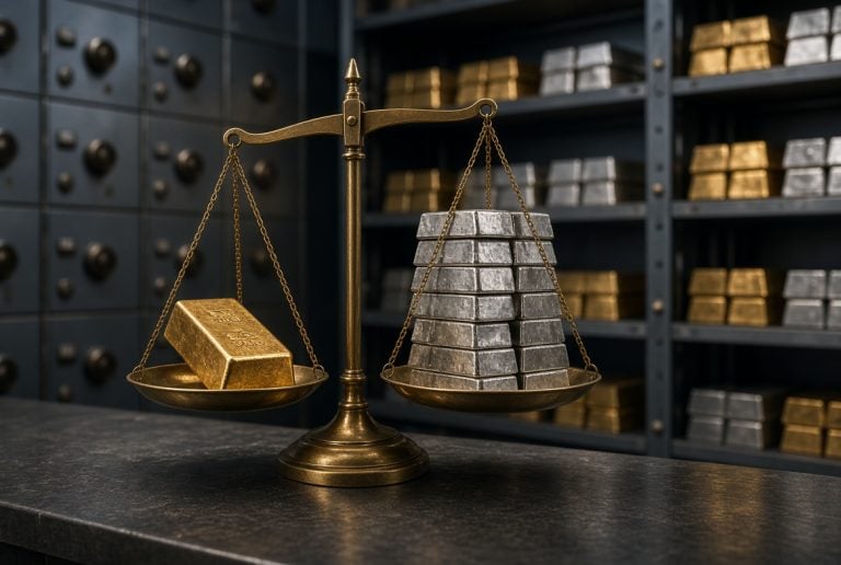 Gold bar and stacked silver bars on a balance scale inside a secure vault