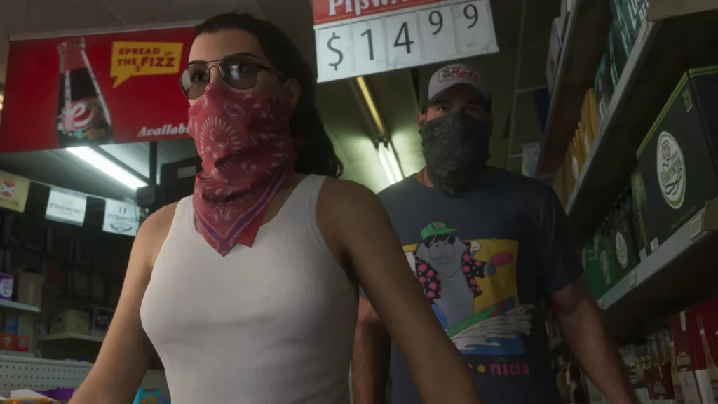 Two people wearing bandanas over their faces stand in a convenience store aisle. Shelves, signs, and a boxed price display reading “$14.99” are visible in the background.