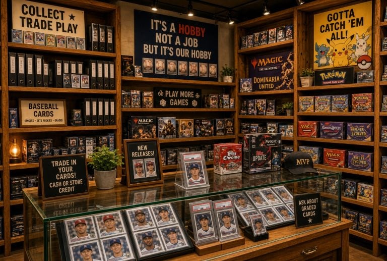 A card shop interior with sports and trading cards displayed in cases and on shelves, and various signs promoting card collecting and trading.