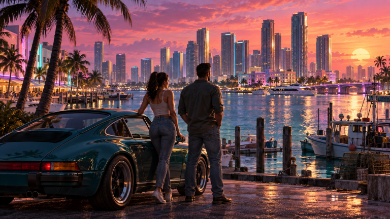 A New Life In Vice City: How GTA 6 Could Change The Way Players Build Their Fortune Two characters beside a sports car overlooking a Vice City–inspired waterfront skyline at sunset.