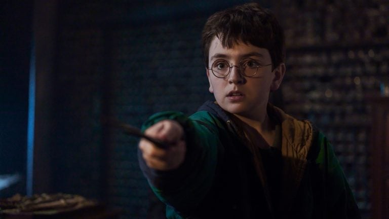 A boy with glasses and dark hair holds a wand in front of him, standing indoors with shelves in the blurred background.