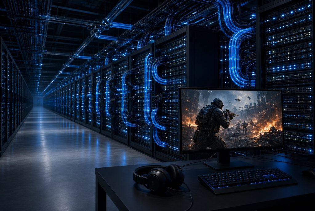 A gaming computer sits on a desk in a server room with blue-lit racks; the monitor displays a first-person shooter game scene.