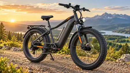 Himiway Ebike Deals 2026 Charcoal fat-tire electric bike on a scenic gravel trail overlooking a mountain lake at sunrise.