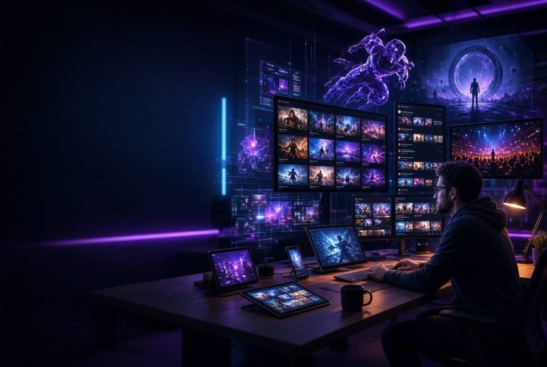 A person sits at a desk with multiple screens displaying science fiction scenes, digital artwork, and data, surrounded by glowing purple and blue lights in a dark room.