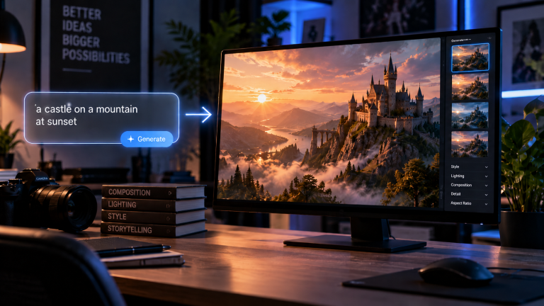 How To Create Better AI Images From Simple Text Prompts AI-generated image being refined through a detailed text prompt with improved composition and lighting Image Title: