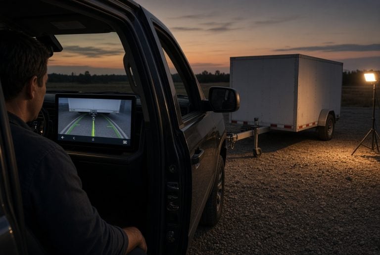 A person in a truck uses a rearview camera display to back up toward a trailer at dusk, with a portable light illuminating the scene.