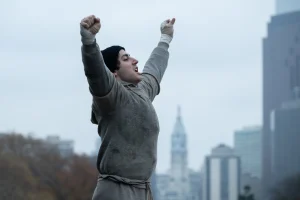 Person in a gray sweatshirt and black beanie raises both arms in victory on outdoor city steps, with tall buildings and cloudy sky in the background.