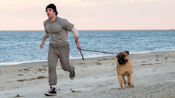 A man in gray sweatpants and a beanie runs on a sandy beach with a large brown dog on a leash. The ocean and sky are visible in the background.