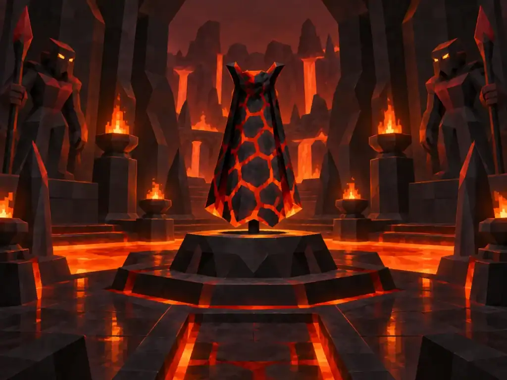 The Infernal Cape displayed on an obsidian pedestal inside an OSRS-style volcanic chamber