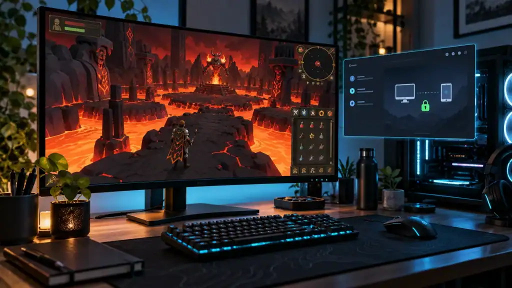 An OSRS-style adventurer facing the volcanic final stages of the Inferno with TzKal-Zuk in the distance