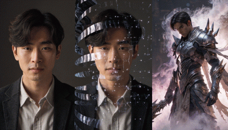 Image-to-image AI transforming a character concept into different visual styles and fantasy environments