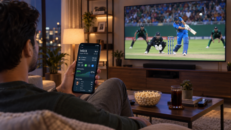 From Scorecards to Live Predictions: How Cricket Apps Turn Watching Into Interaction Cricket app showing a live match scorecard and prediction options on a smartphone