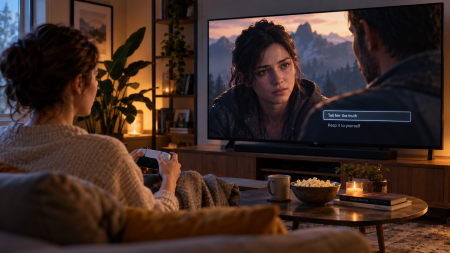 For People Who Don’t Think They Like Games: How Interactive Stories Blur The Line Between Watching And Playing Person watching a cinematic interactive story while making choices with a game controller