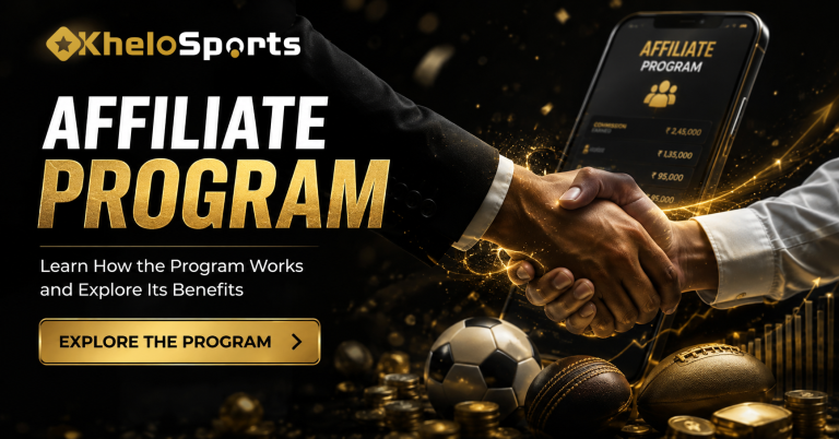 Two people shake hands in front of a display showing affiliate program details, with sports equipment and a phone nearby. Text promotes learning about the affiliate program and its benefits.