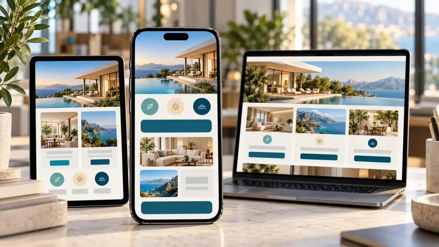 Why Mobile-Friendly Website Design Is Essential For Modern Businesses Responsive business website displayed on a smartphone, tablet, and laptop in a bright modern office.