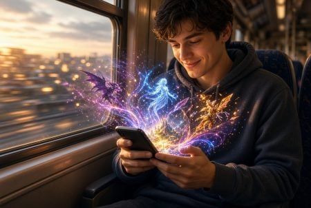 Person commuting on a train playing an immersive mobile gaming app with vibrant 3D game scenes appearing from the phone screen