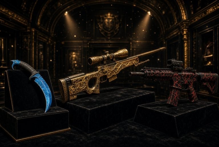Luxury collector display of high-end CS2-style rifles, knives, and cases under museum lighting