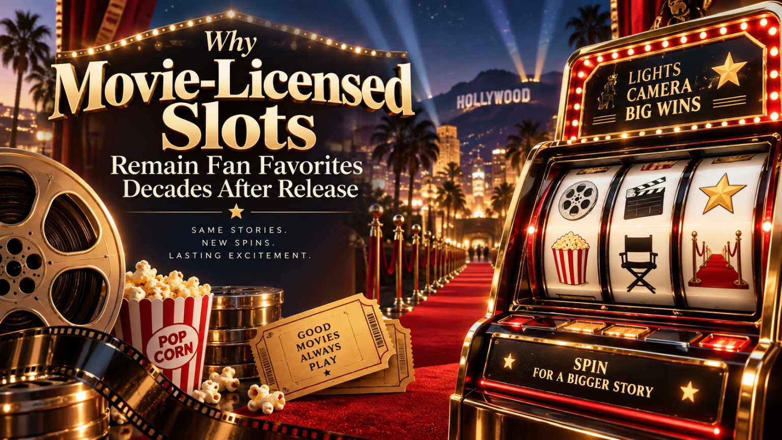 Movie-themed slot machine featuring cinematic symbols, film imagery, and casino reels