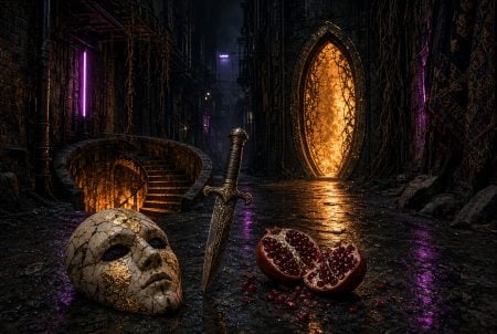 Contemporary collage of mythic visual motifs including a mask, threshold of light, relic weapon, and descending stairs