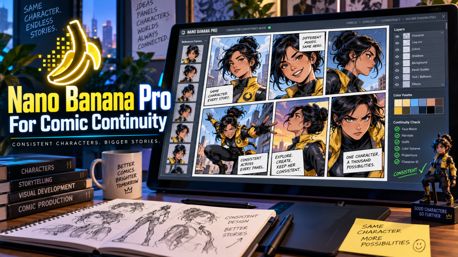 Comic character shown consistently across multiple poses and scenes using Nano Banana Pro AI image generation