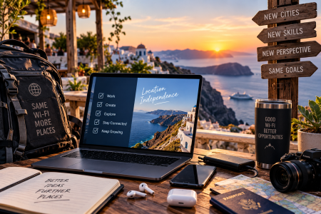 Digital nomad working while traveling with portable technology and reliable internet connectivity