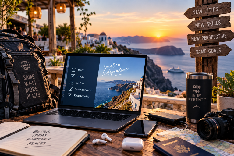 Digital nomad working while traveling with portable technology and reliable internet connectivity