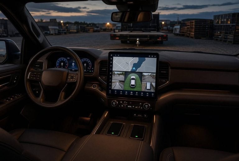 Full-size pickup cabin at dusk with a large portrait touchscreen and digital cluster overlooking a job-site lot