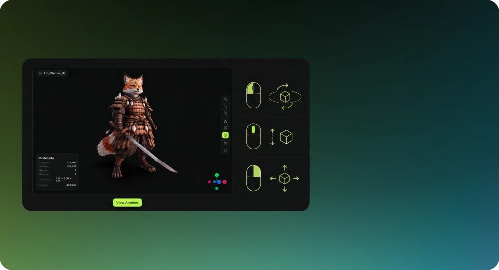 A digital interface displays a 3D fox warrior model holding a sword, with rotation and zoom controls on the right side of the screen.