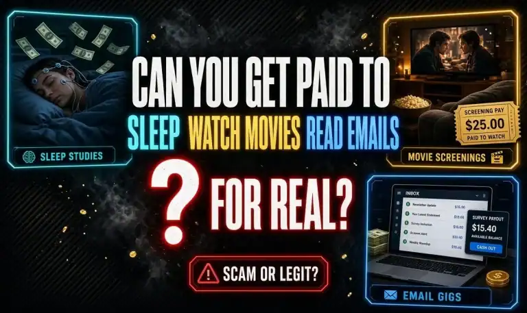 Can You Really Get Paid To Sleep, Watch Movies Or Read Emails? Text asks if you can really get paid for sleep studies, movie screenings, and reading emails, with related images and payout amounts shown, and highlights the question: scam or legit?.